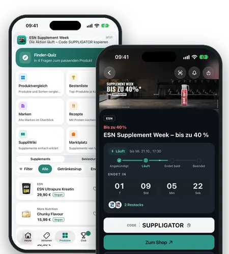 Suppligator App auf dem iPhone: Mitteilung zum Aktionsstart und eine laufende Aktion mit Live-Countdown und Code SUPPLIGATOR