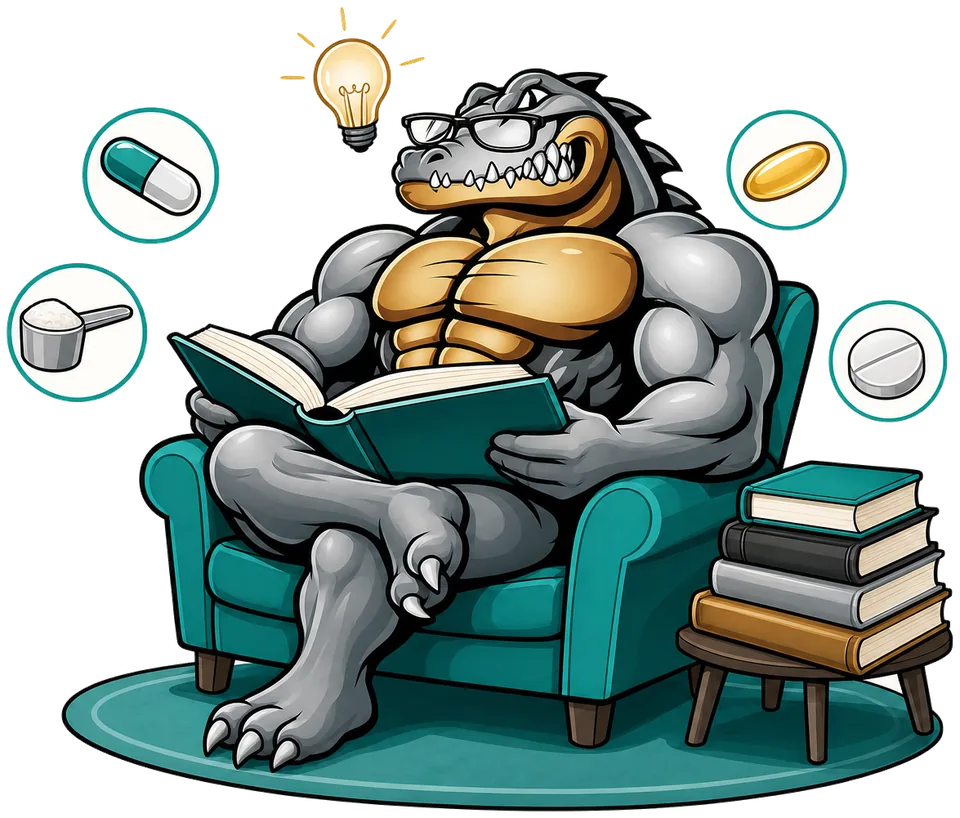 Illustration: Der Suppligator-Gator liest im Sessel ein Buch, um ihn herum Kapsel, Messlöffel, Softgel und Tablette.