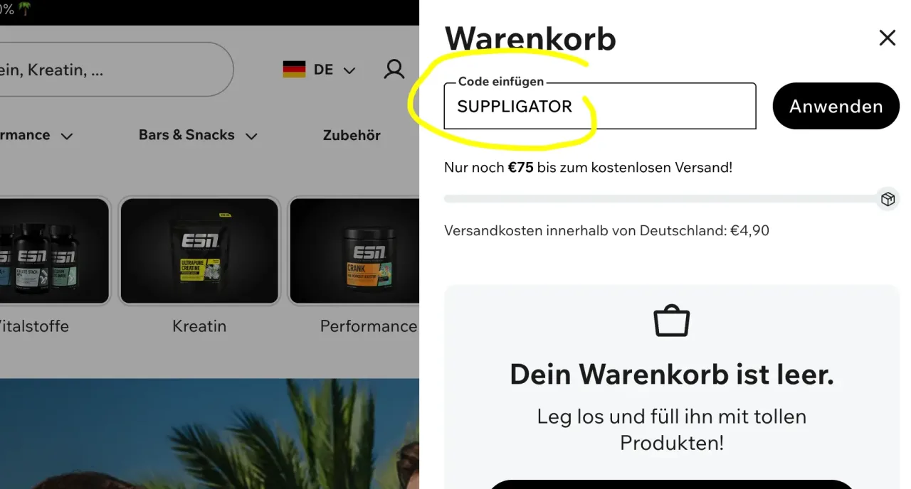 ESN Rabattcode SUPPLIGATOR im Warenkorb-Feld einfügen und bestätigen