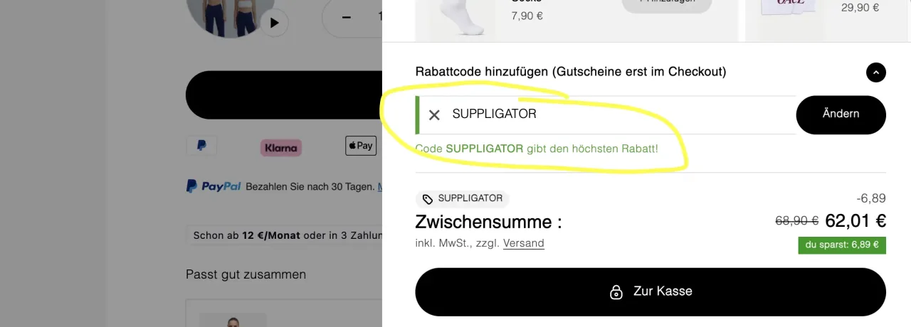 OACE Rabattcode SUPPLIGATOR im Warenkorb-Feld einfügen und bestätigen